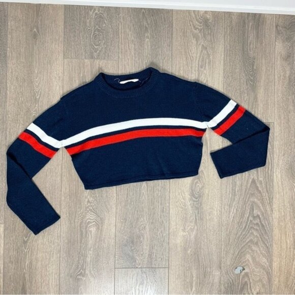 Bluenotes Women's Sweater Top Knit Cropped Stripe Long sleeve Navy Blue Medium - Picture 5 of 11